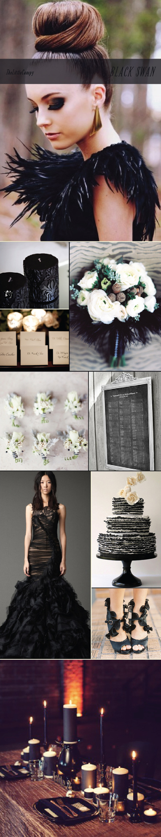 This week's inspiration board: Black Swan. Not only does this theme push the boundaries of the typical wedding colors but also adds a very romantic and theatrical feel! The Black Swan exudes confidence while staying composed and elegant. Hope this theme board sparks your imagination! Enjoy!