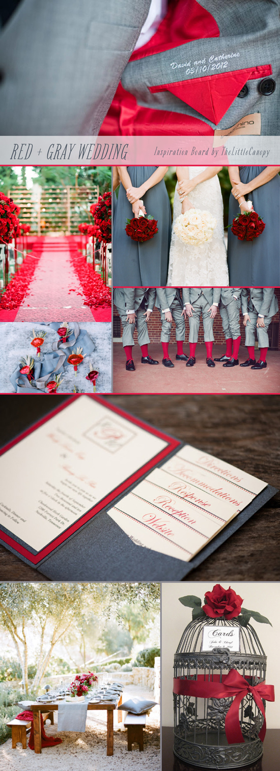 Who says your wedding can't be bold! Let's combine a really bold and romantic red color with a dark gray! A great way to add color but still have a sophisticated and mature feel. The richer the red, the better! Enjoy.