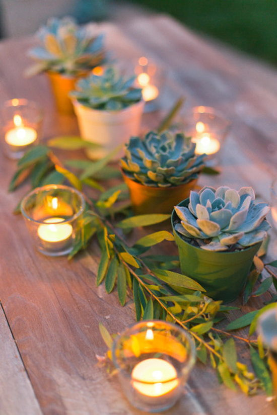 Oh, what a romantic atmosphere it would be... succulents along some candles on the tables on a summer's eve. Just picture it! Remember, your centerpieces don't necessarily need to be flowers!  Source.