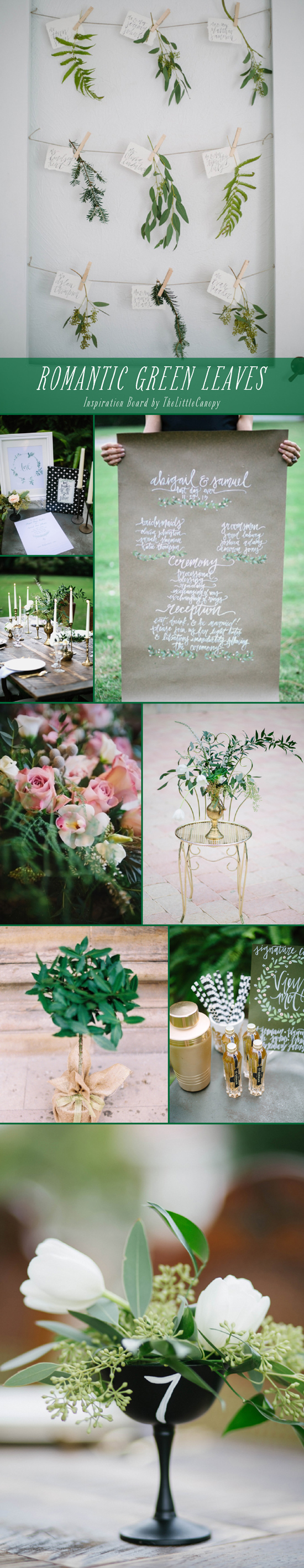wedding, inspiration, board, mood, romantic, green, leaves, garlands, branches